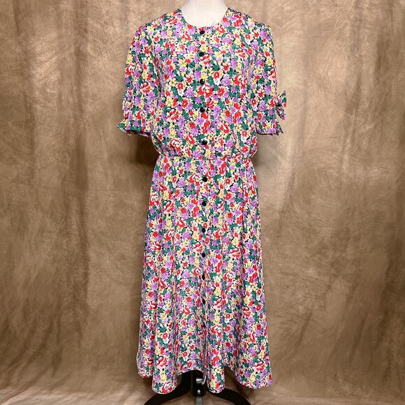 Vintage 80s Impromptu Multicolor Floral Print Shirt Waist Dress Button Up Bows - Picture 1 of 9